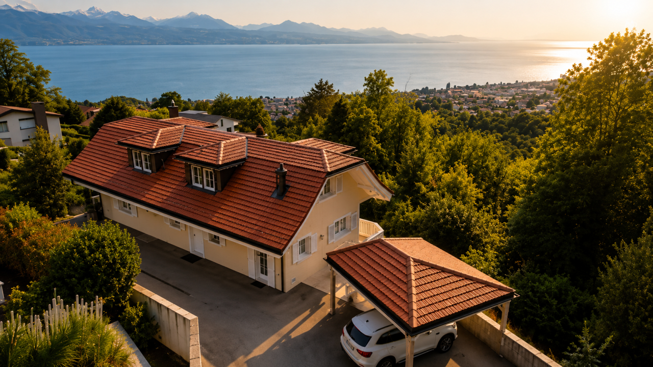 Villa mit Seeblick und rotem Ziegeldach