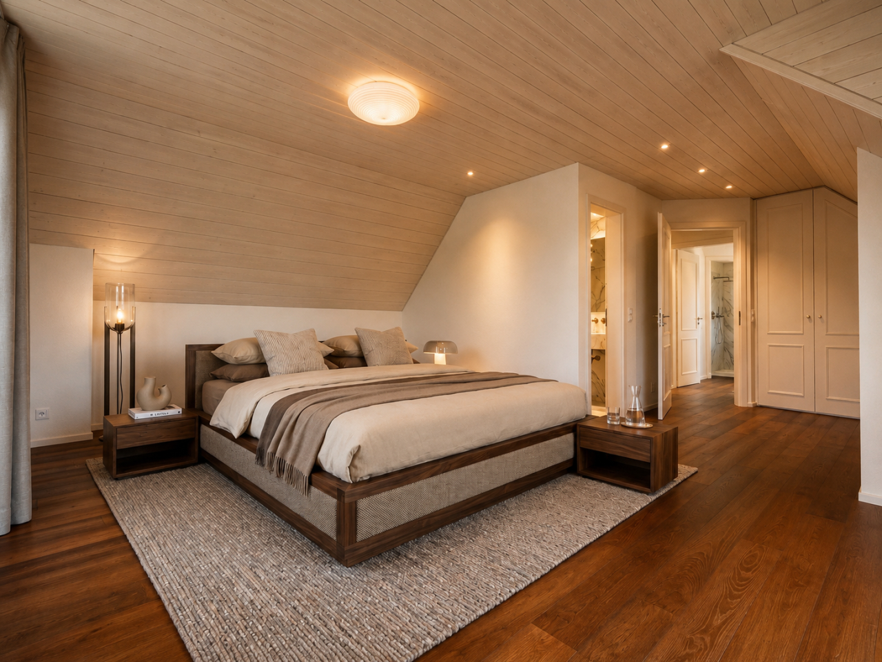 Dachgeschoss-Schlafzimmer mit warmem Holzinterieur