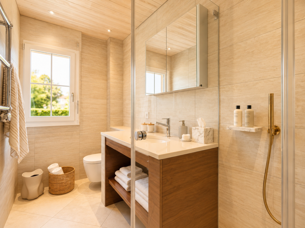 Helles, modernes Badezimmer mit Fenster und Walk-in-Dusche