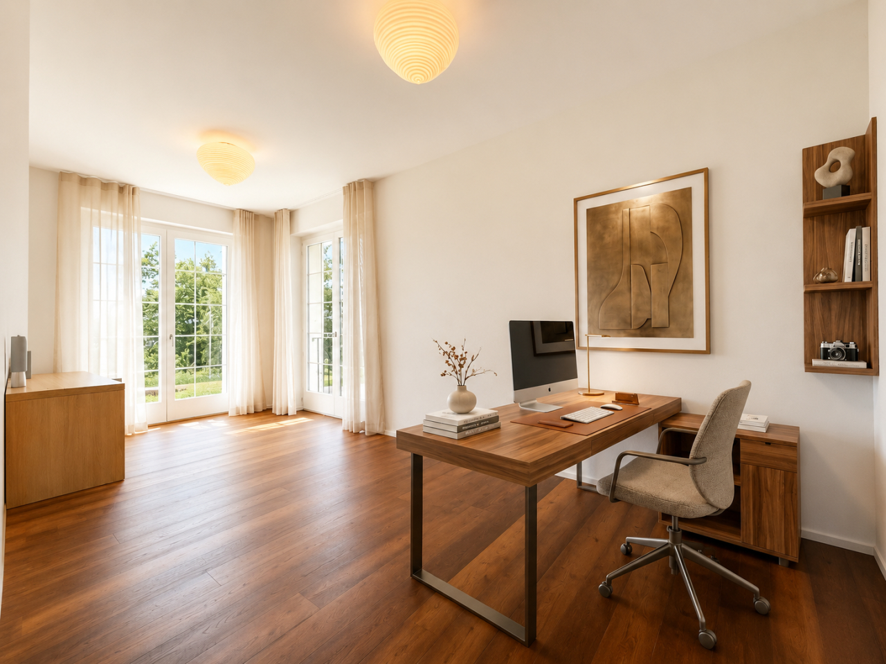 Helles Arbeitszimmer mit Holzfußboden und Fensterfront