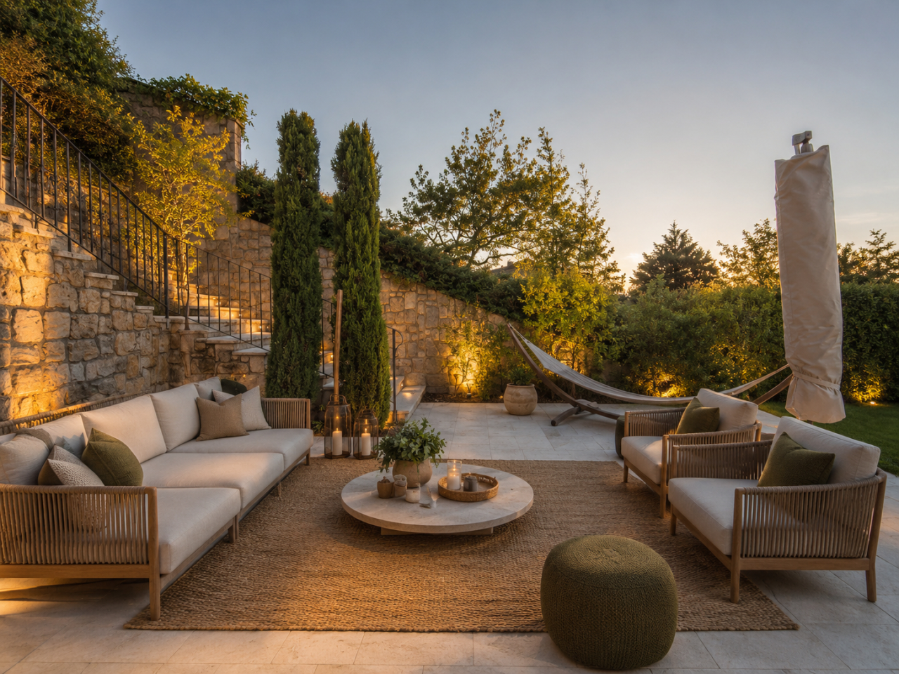 Luxuriöse Gartenlounge bei Sonnenuntergang
