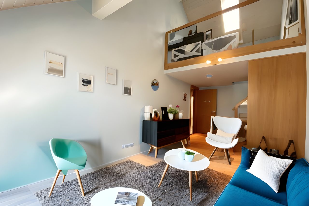 Modernes, möbliertes Wohnzimmer mit Galerie