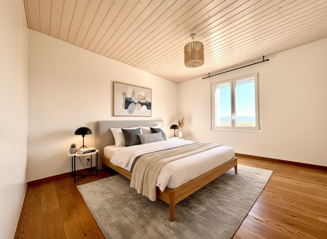 Helles Schlafzimmer mit Holzdecke und Blick nach draußen