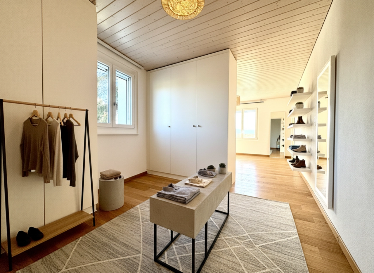 Heller begehbarer Kleiderschrank mit Ankleidebereich