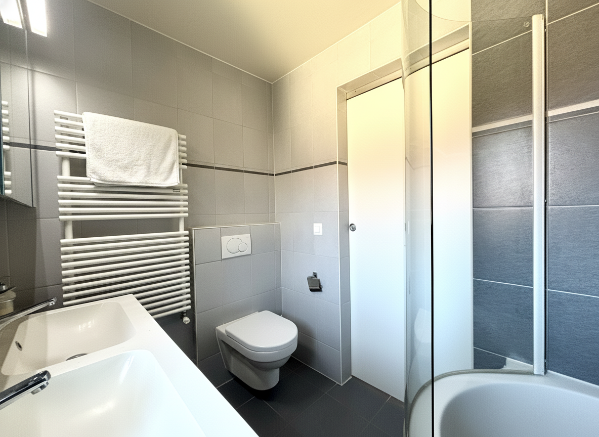 Modernes Badezimmer mit Dusche, Toilette und Doppelwaschbecken