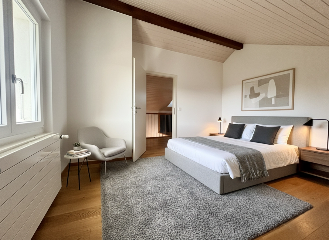 Helles Schlafzimmer mit Schrägdecke