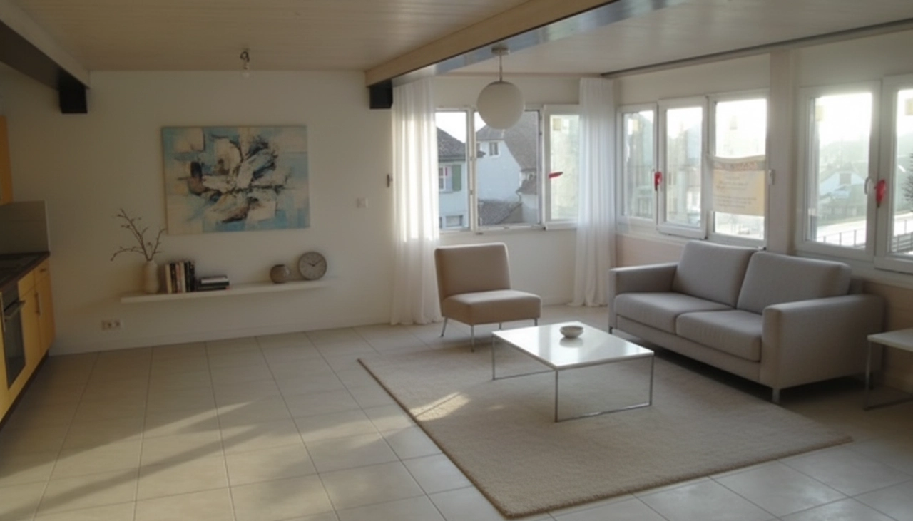 Helles Wohnzimmer mit großen Fenstern