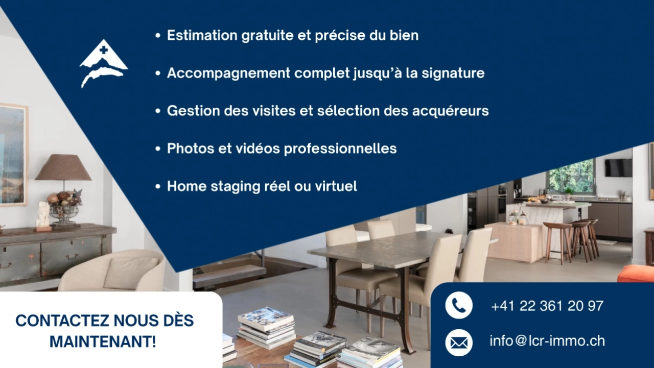 Immobilien-Werbebild mit Wohn- und Essbereich im Hintergrund
