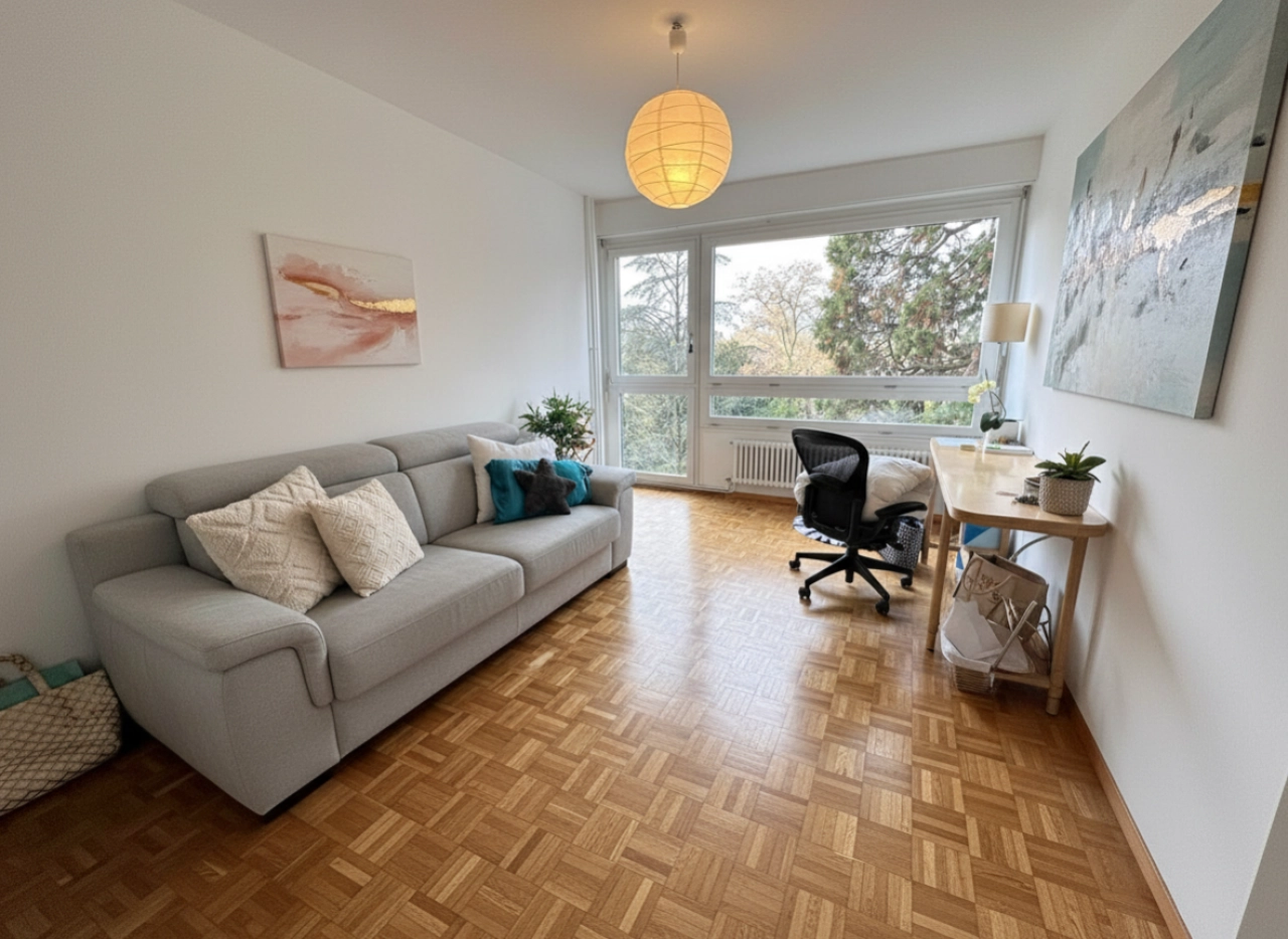 Helles Wohnzimmer mit Sofa und Schreibtisch am Fenster