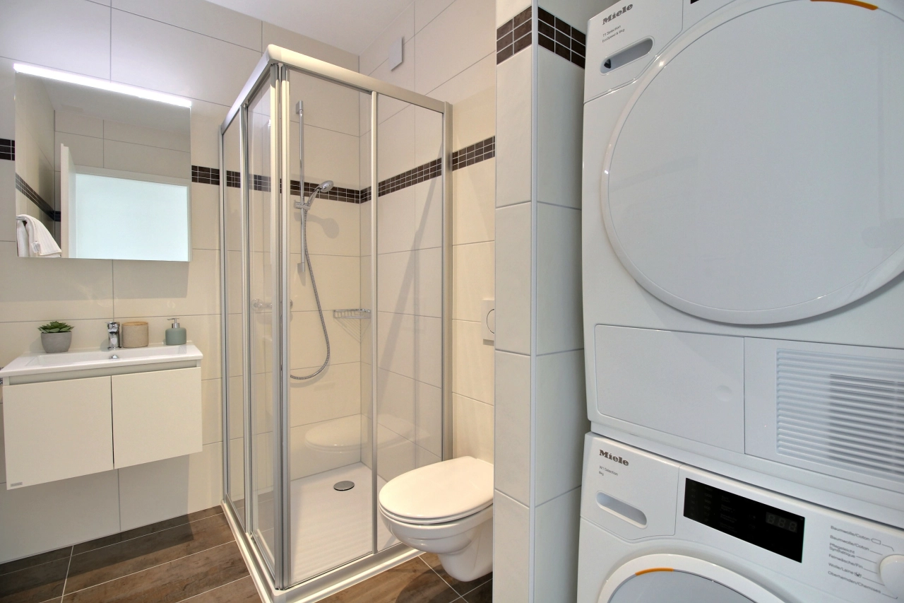 Modernes Badezimmer mit Dusche und Hauswirtschaftsbereich