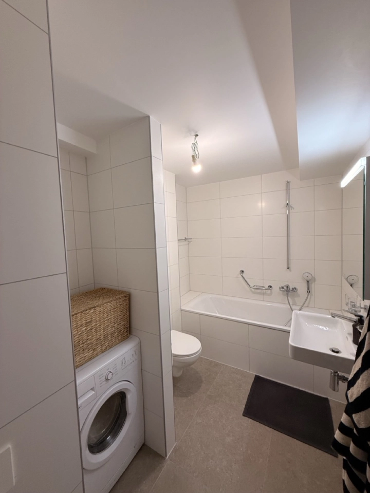 Modernes Badezimmer mit Badewanne und Waschmaschine