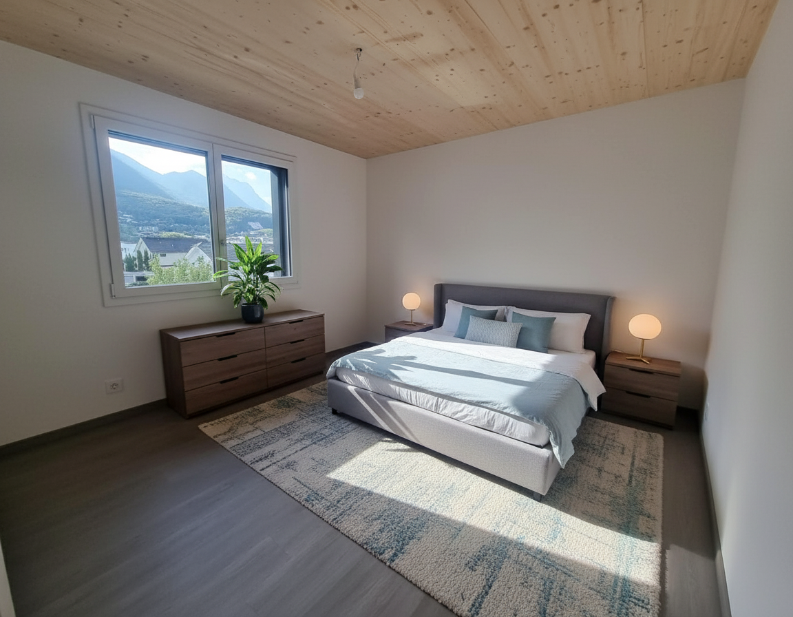 Helles Schlafzimmer mit Bergblick