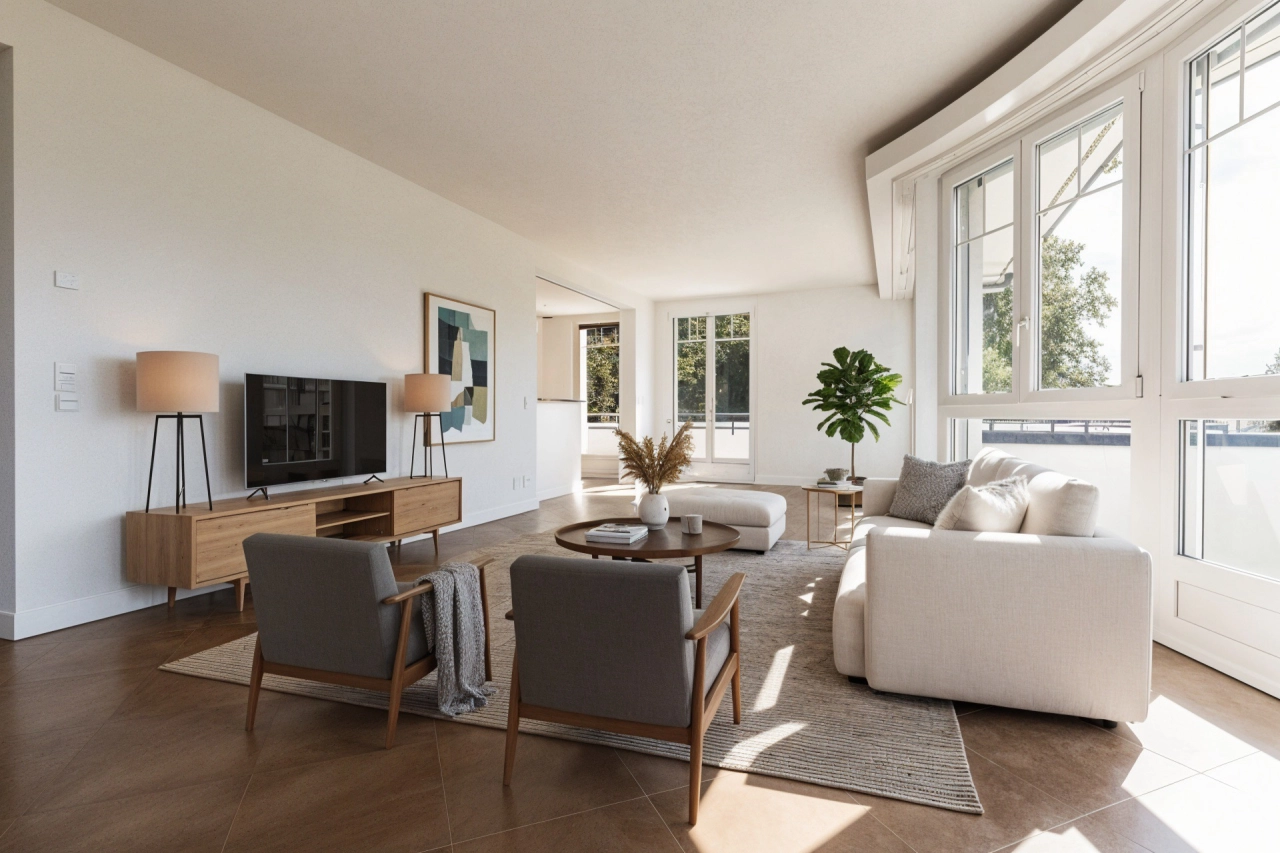 Helles modernes Wohnzimmer mit großem Fensterbereich