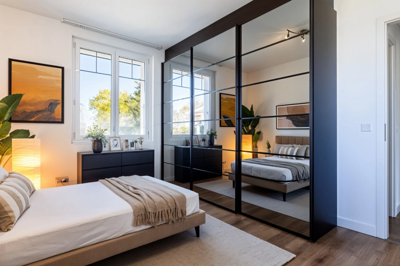 Modernes Schlafzimmer mit großen Fenstern und Spiegelschrank