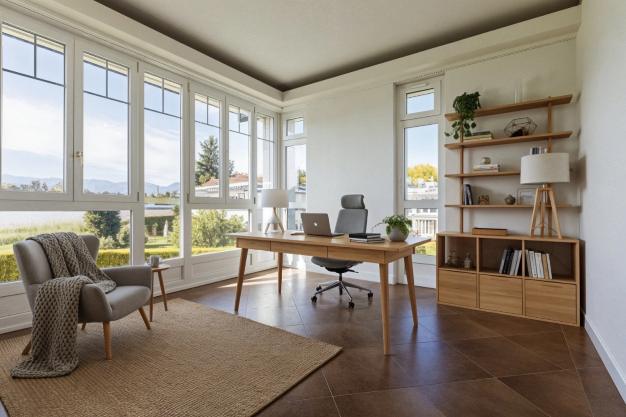 Helles Homeoffice mit großer Fensterfront