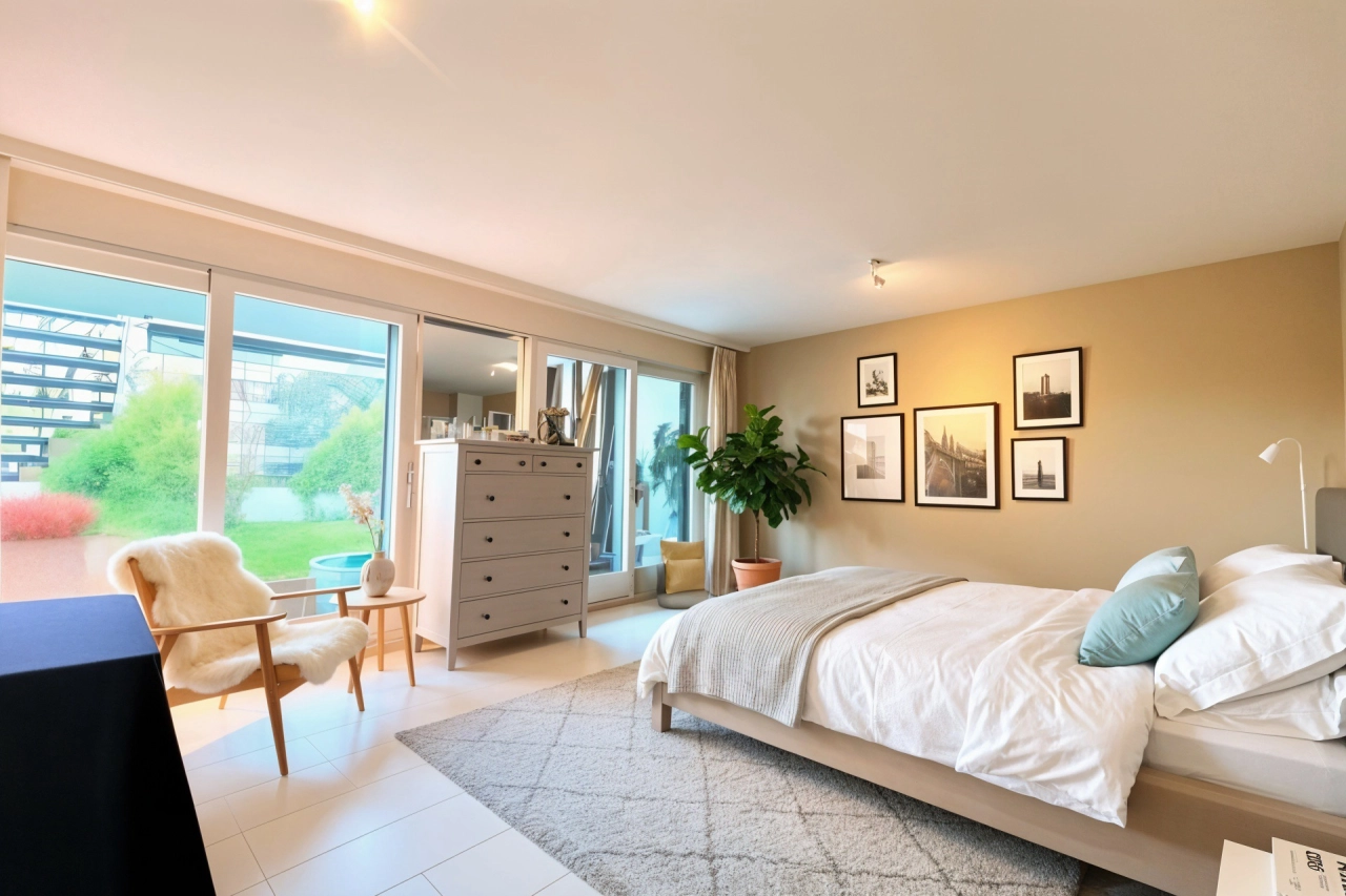 Helles Schlafzimmer mit Balkonzugang
