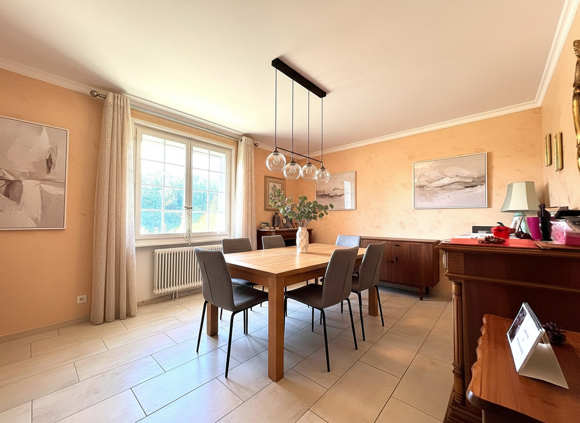 Esszimmer mit großen Fenstern