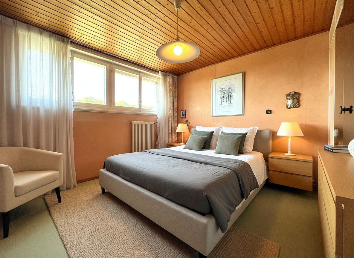 Schlafzimmer mit warmen Holzakzenten
