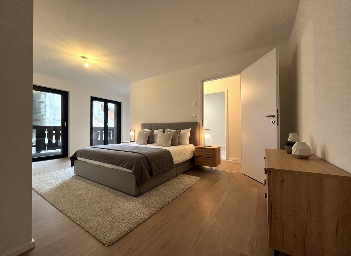 Modernes Schlafzimmer mit hellen Holzböden