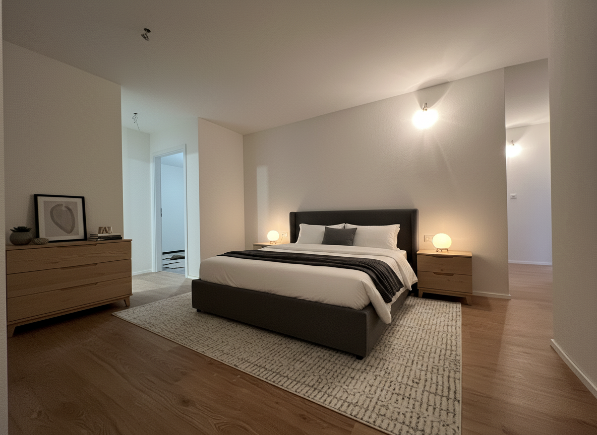 Helles, modernes Schlafzimmer mit Doppelbett