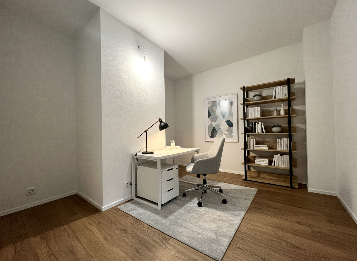 Modernes Arbeitszimmer mit Schreibtisch und Regalsystem