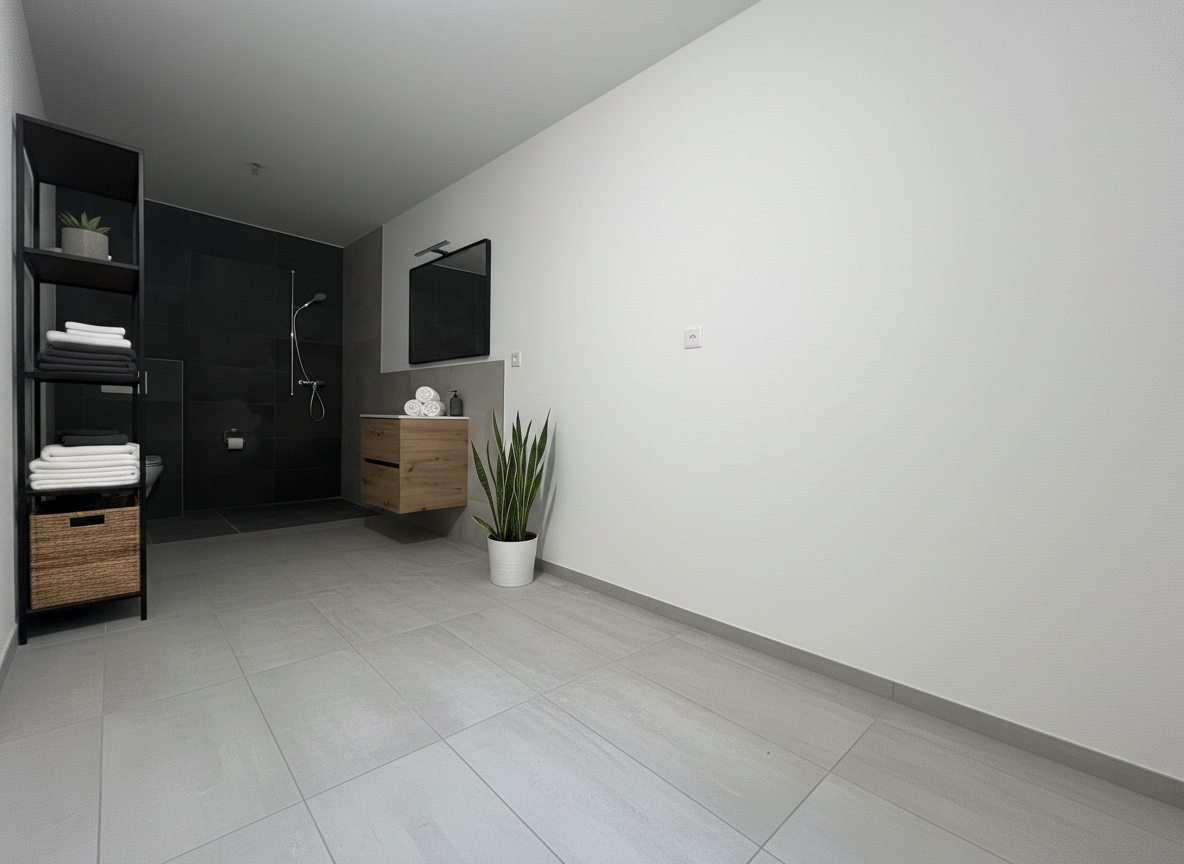 Modernes Badezimmer mit dunkler Dusche und großer Bodenfläche