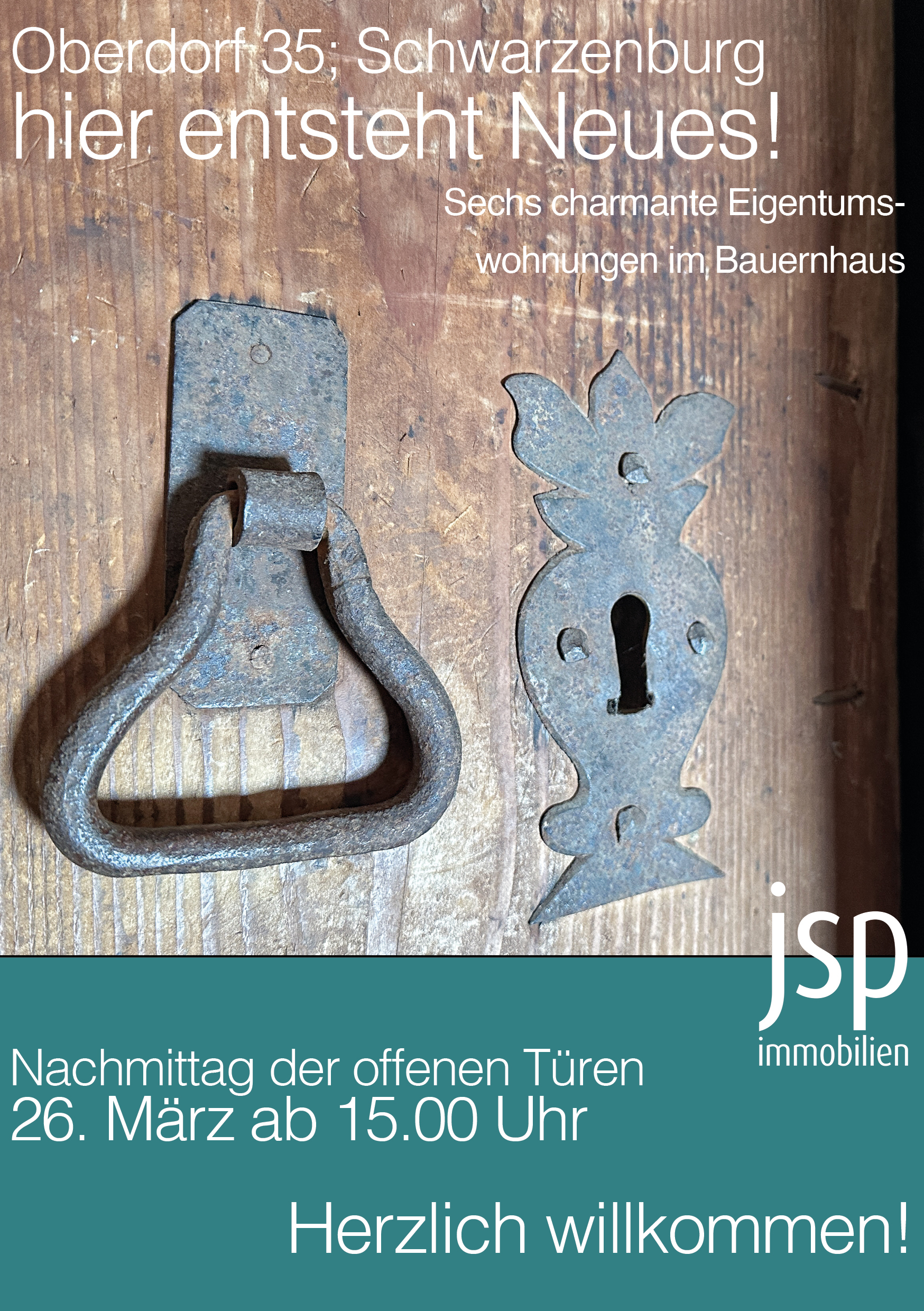Immobilien-Ankündigungsplakat mit Türbeschlag