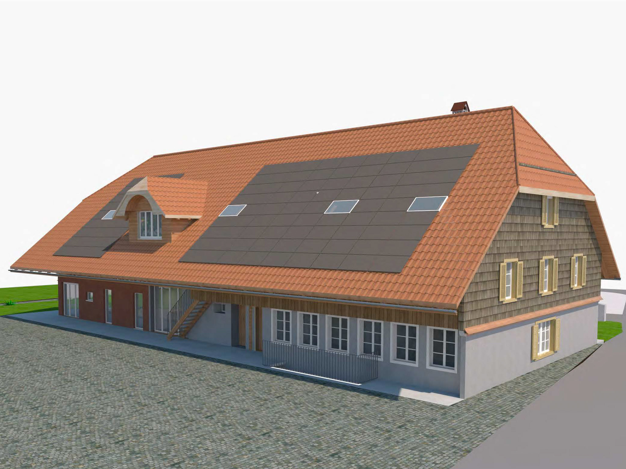 Außenansicht eines großen Wohnhauses mit Steildach und Solarmodulen