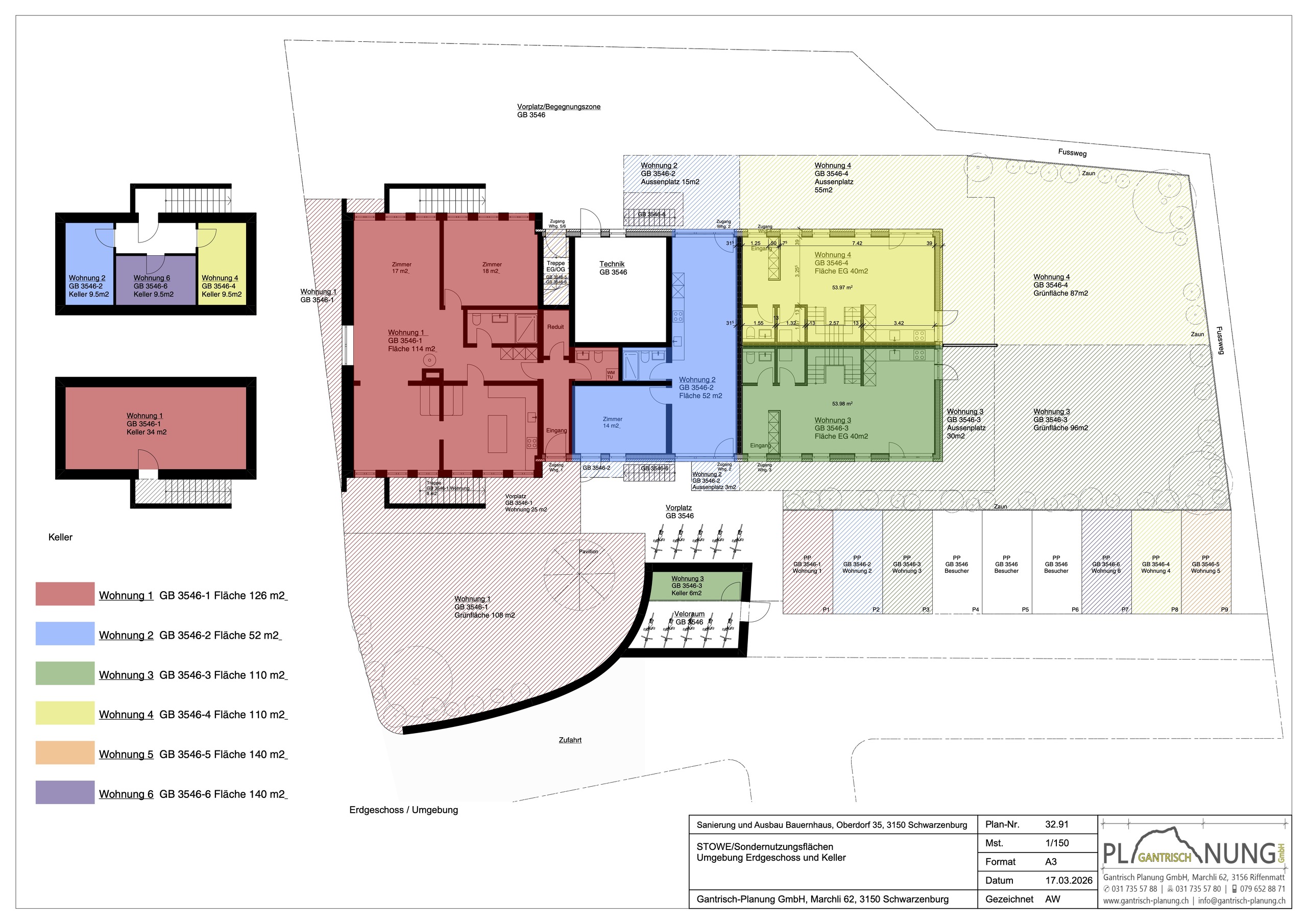 Grundriss mit Erdgeschoss, Keller und Außenanlagen