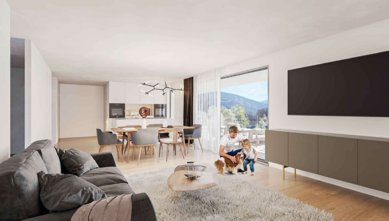 Modernes, helles Wohn-Esszimmer mit offener Küche