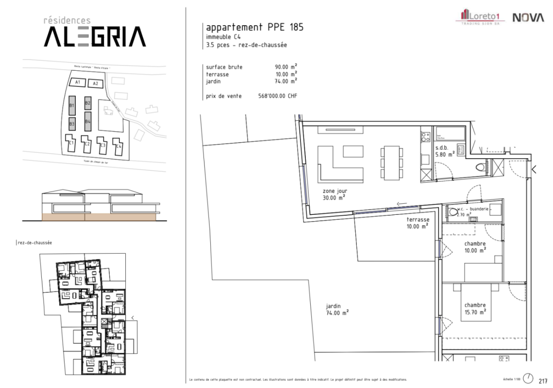 Grundriss einer 3,5-Zimmer-Wohnung mit Terrasse und Garten