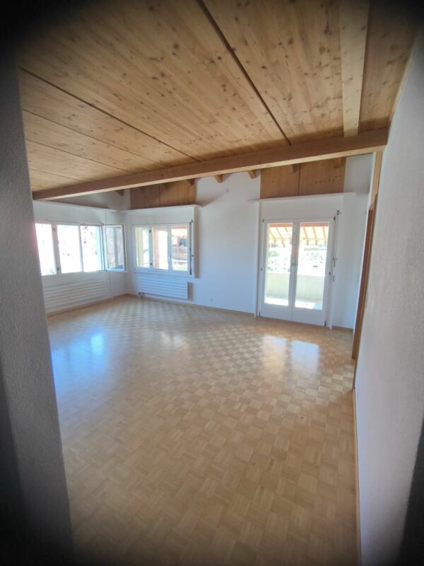 Heller leerer Wohnraum mit Holzdecke und Balkonzugang