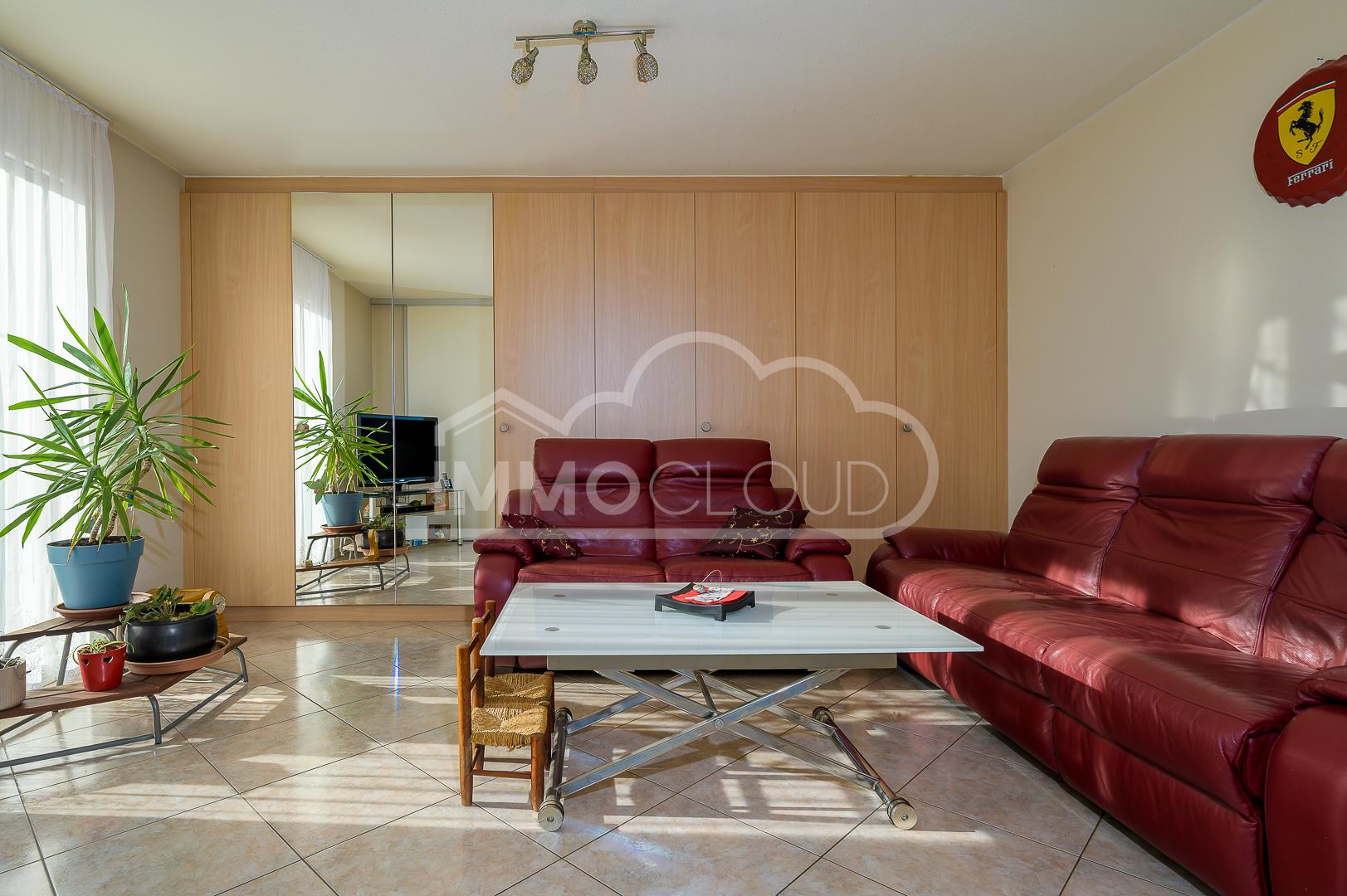 Wohnzimmer mit roten Ledersofas und großem Einbauschrank