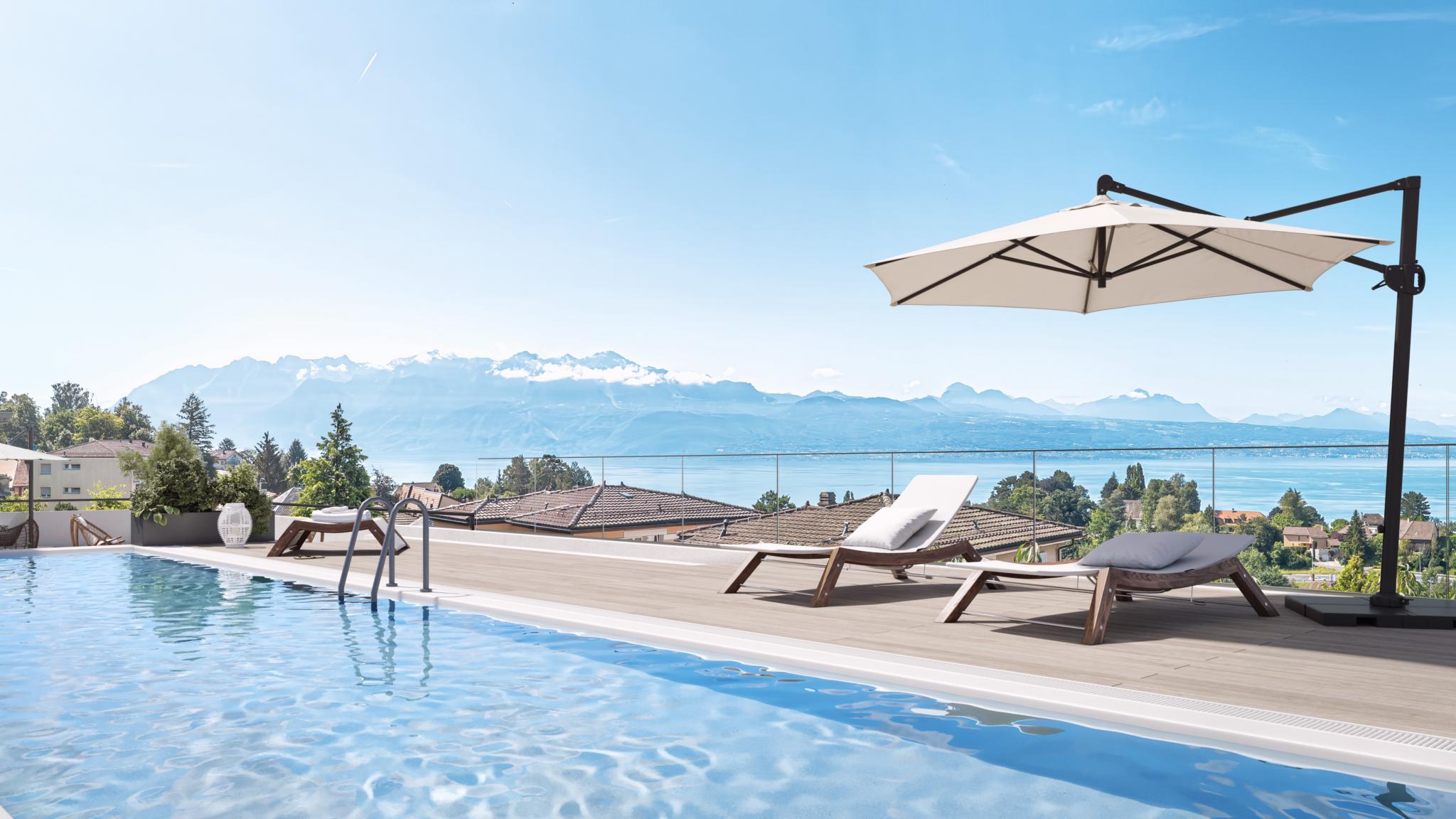 Luxuriöse Poolterrasse mit Seeblick