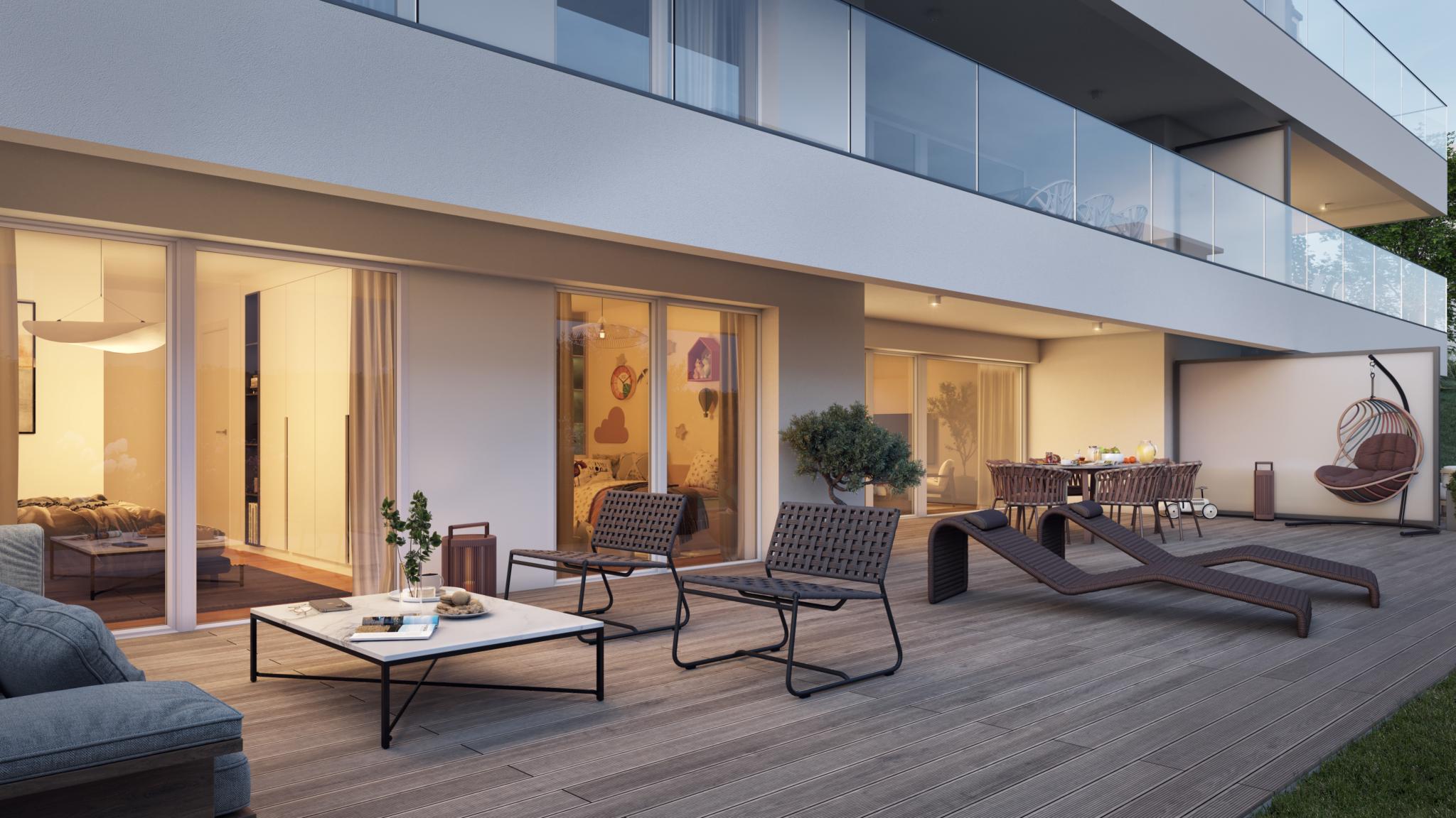 Moderne Dachterrasse mit Lounge und Essbereich