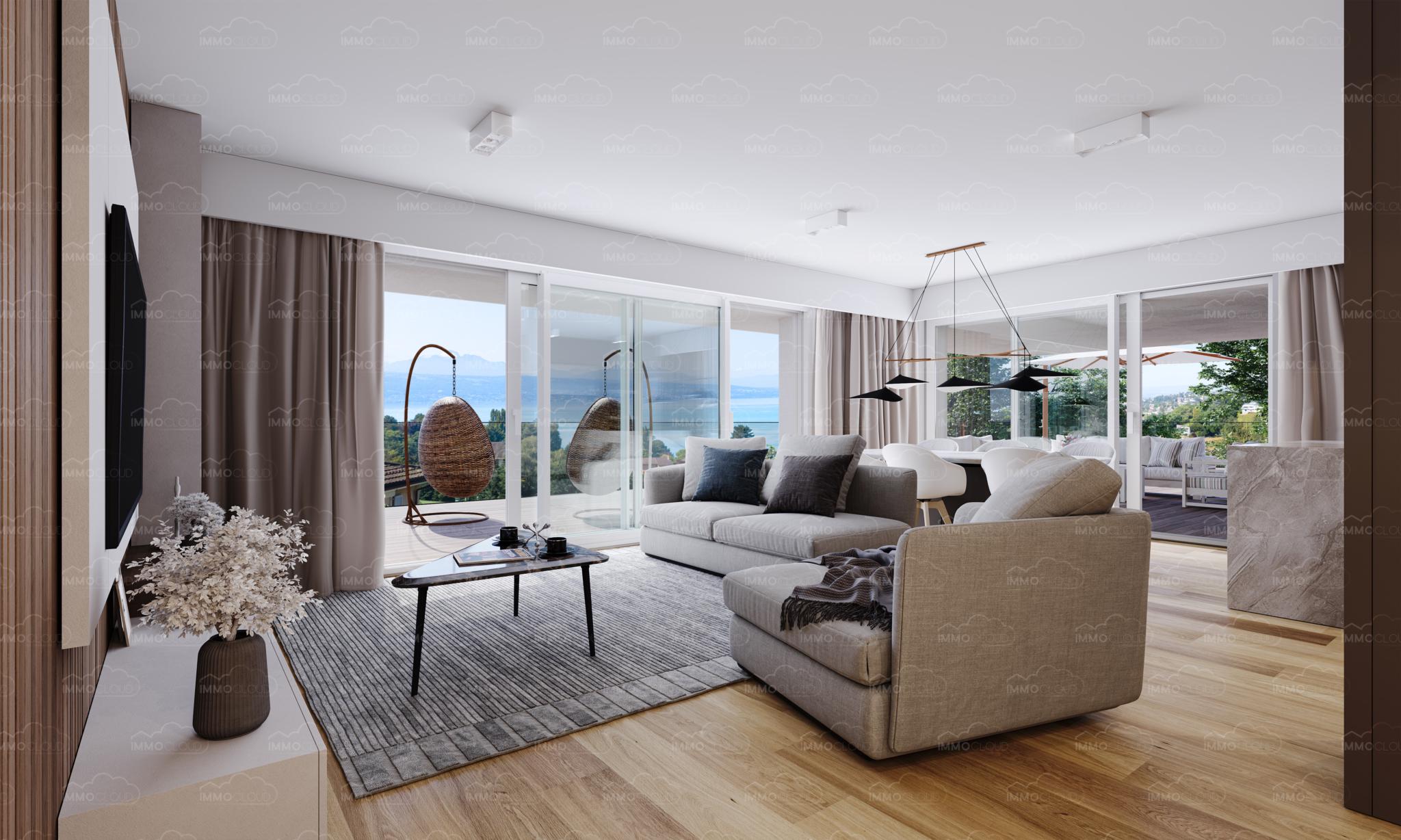 Helles, modernes Wohnzimmer mit Seeblick