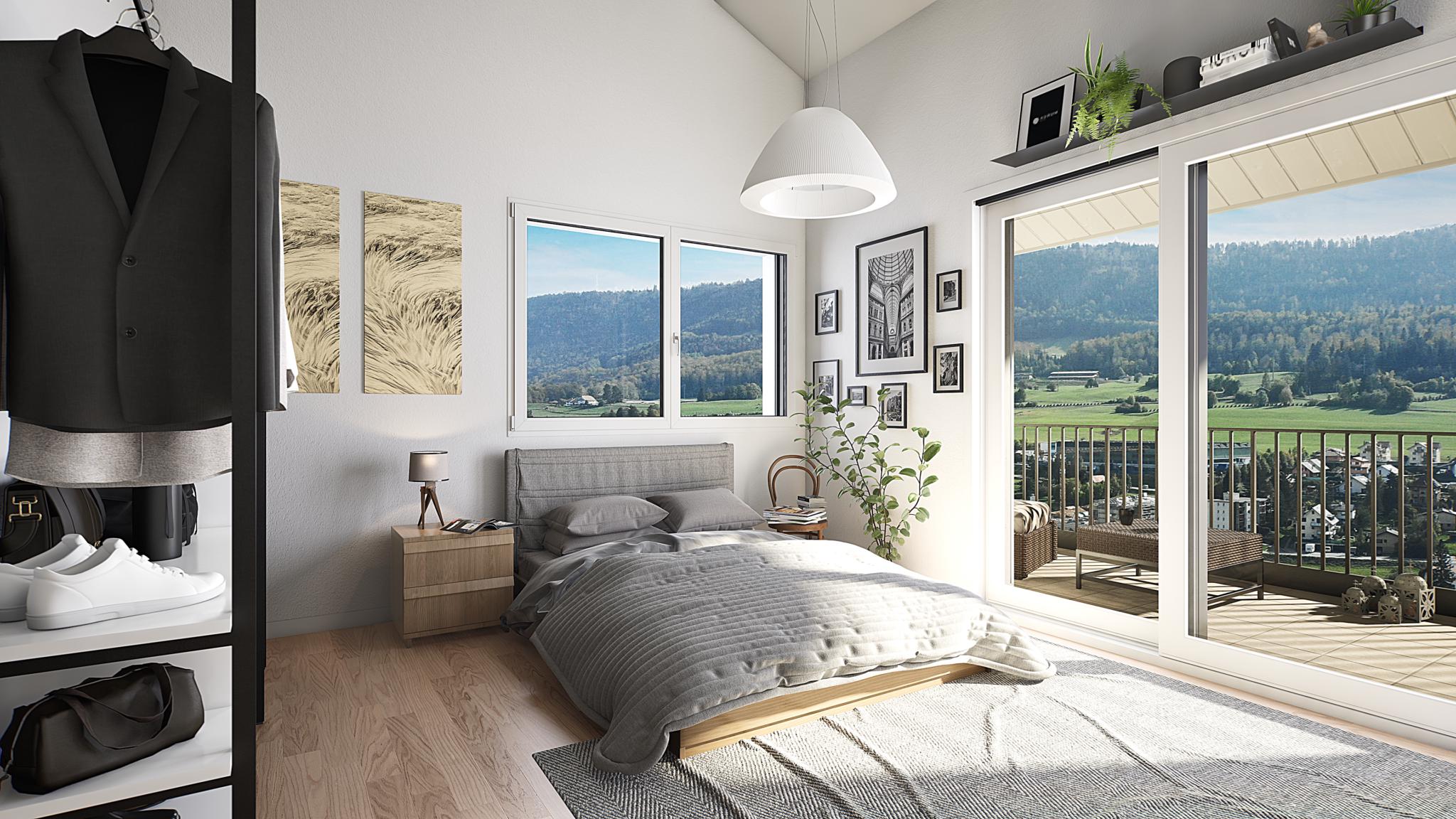 Helles Schlafzimmer mit Balkon und Bergblick