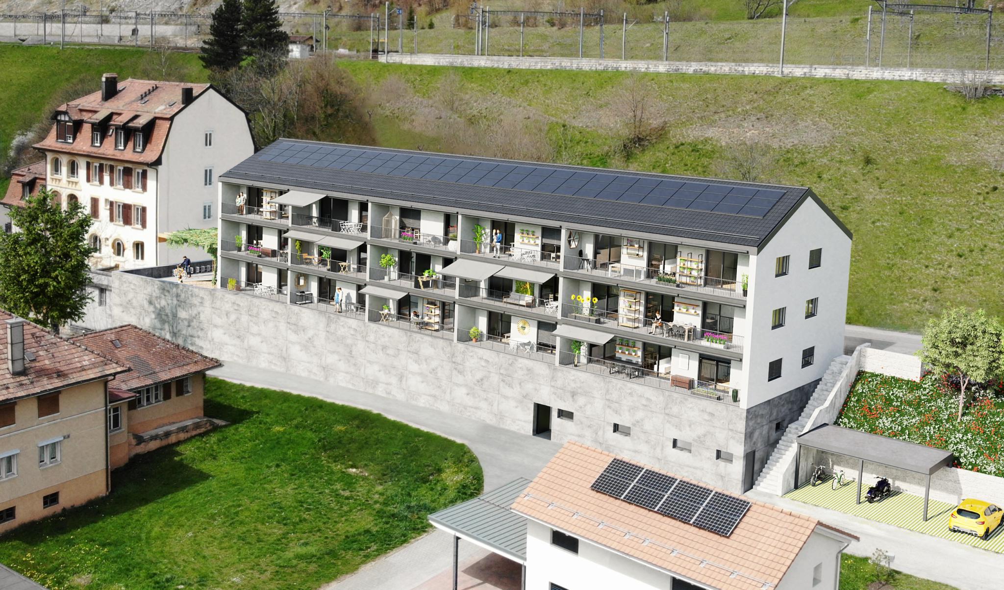 Moderne Wohnanlage in Hanglage mit Solardach
