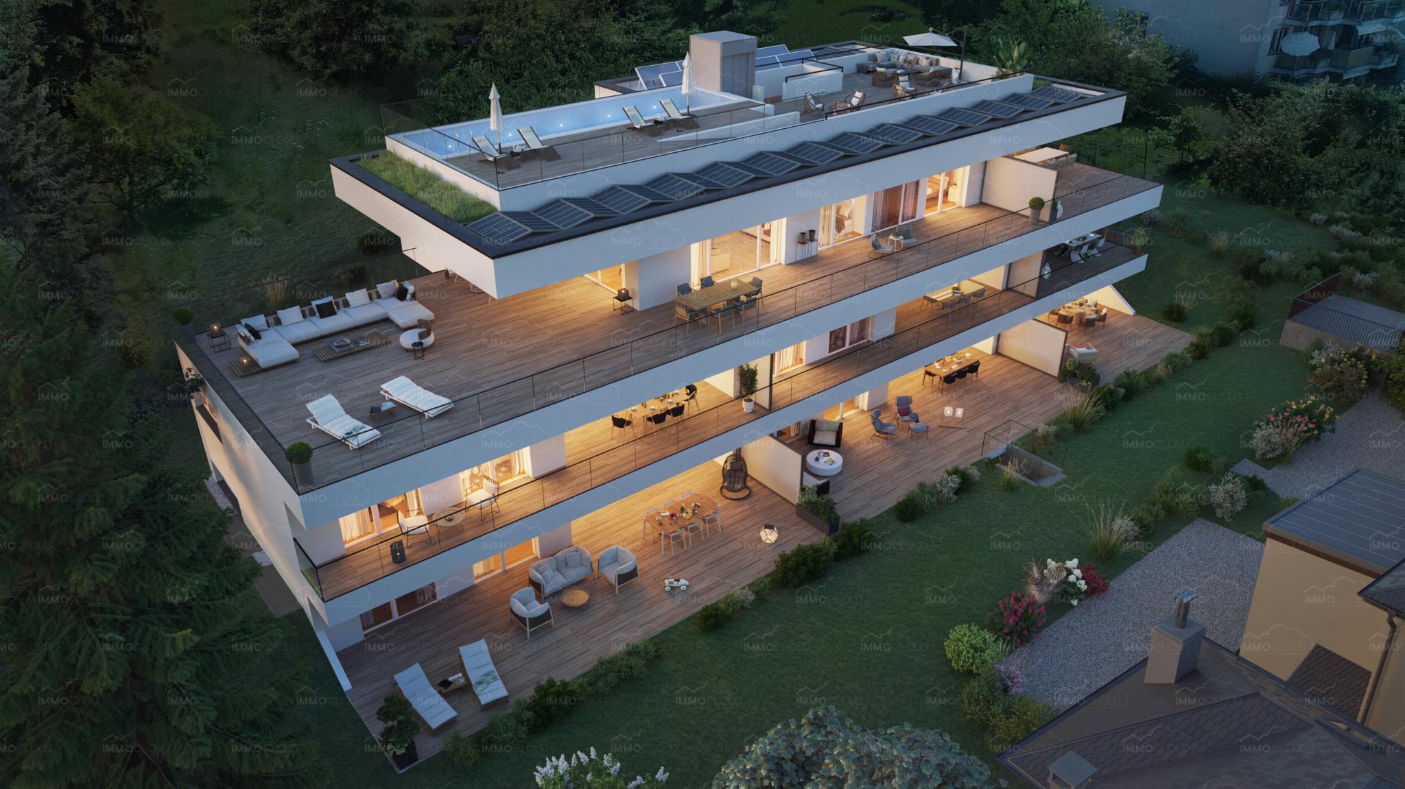 Moderne Dachterrassen-Residenz im Abendlicht