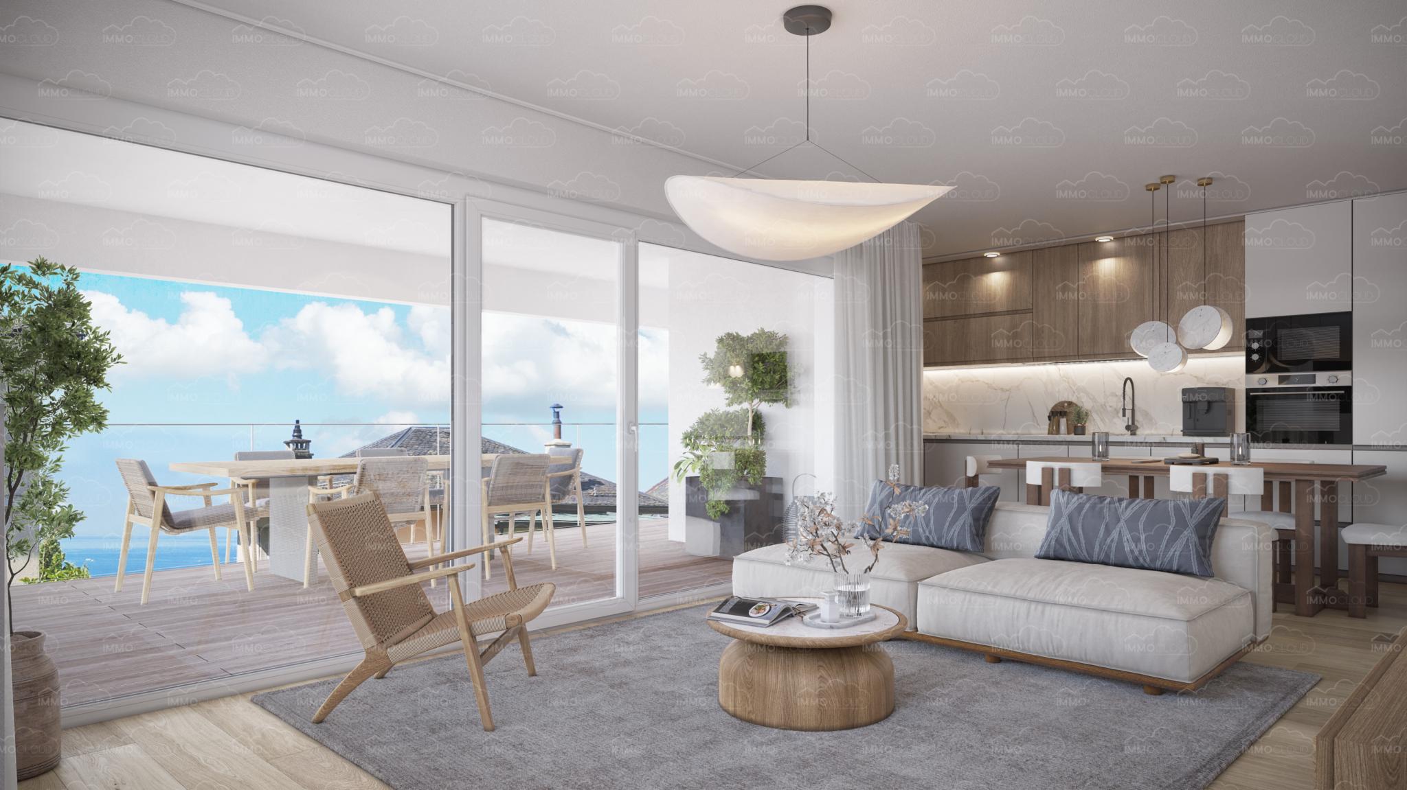 Offener Wohn-Essbereich mit Terrasse und Meerblick