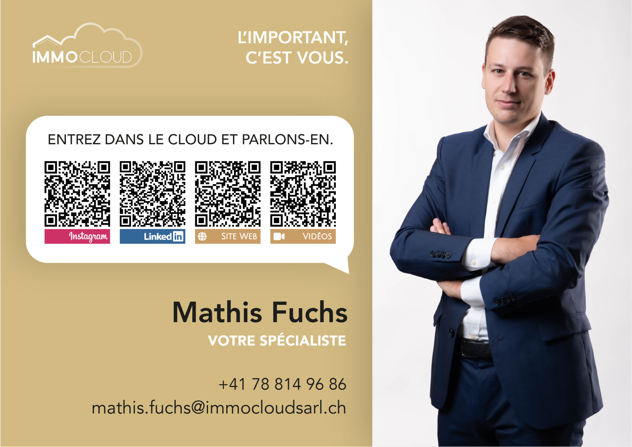 Marketing-/Kontaktgrafik mit QR-Codes und Porträt eines Maklers
