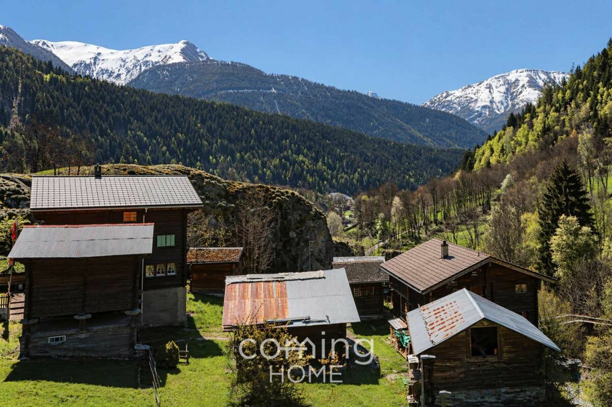 Alpine Grundstück mit Holzhäusern und Bergpanorama