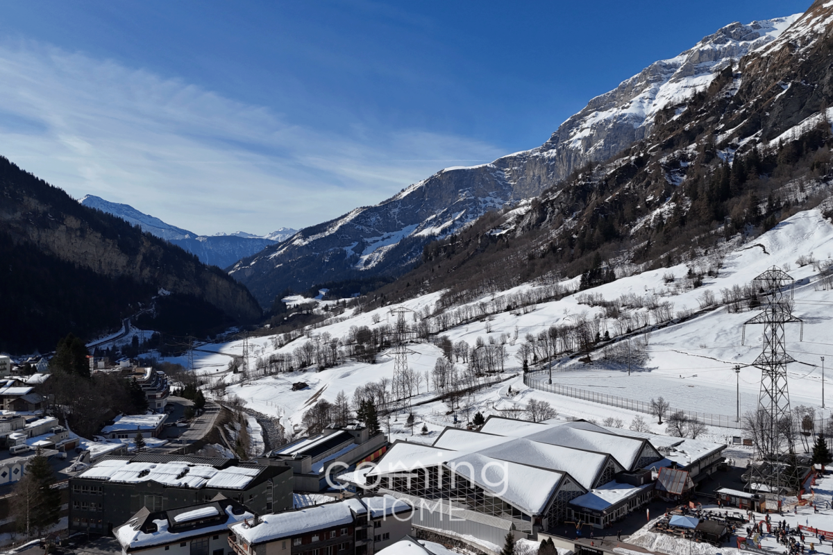 Schneebedecktes Alpental mit Bergpanorama