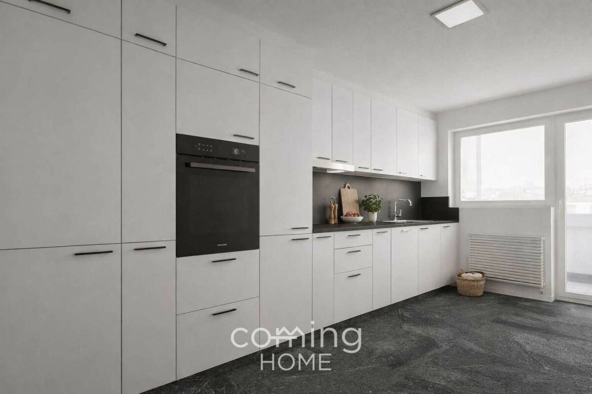 Moderne Einbauküche mit deckenhohen Schrankfronten