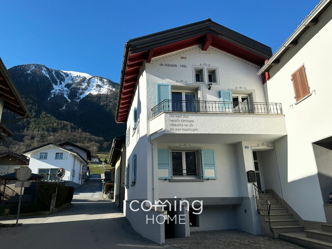 Berghäuser und Dorfstraße mit Alpenblick