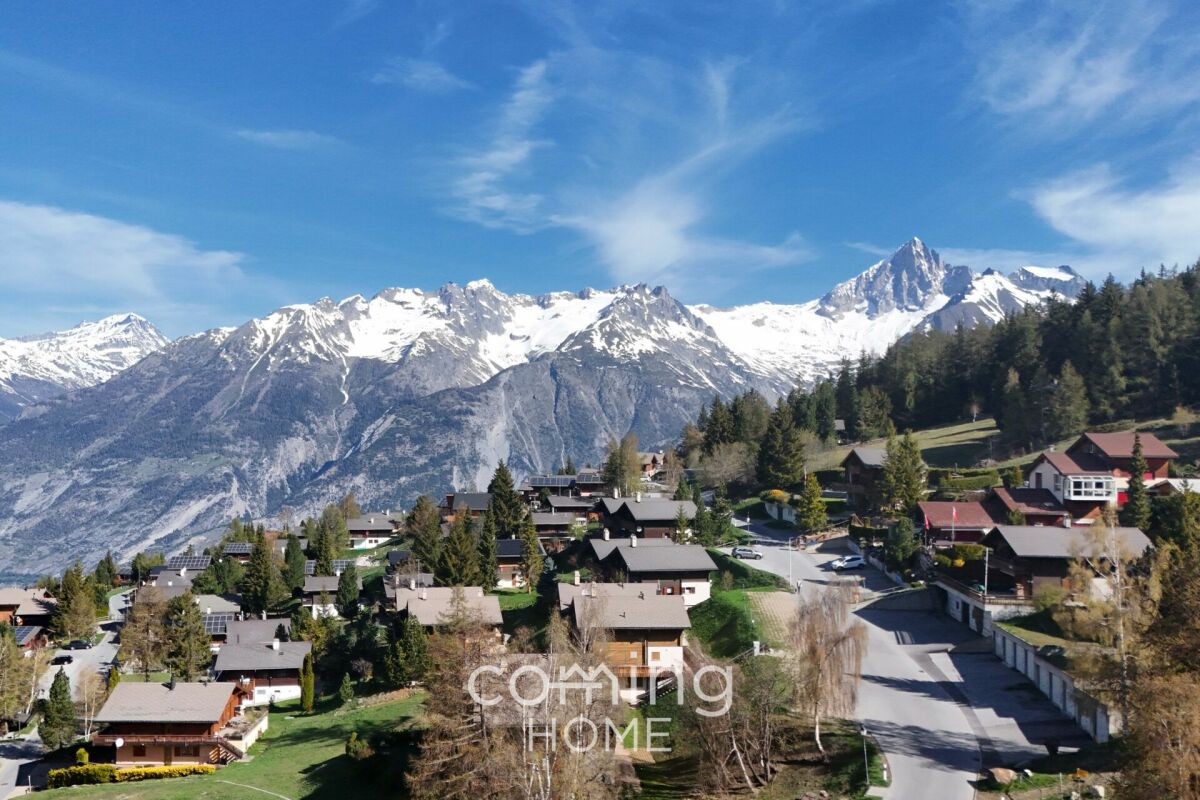 Alpenlandschaft mit Wohnsiedlung und Bergpanorama