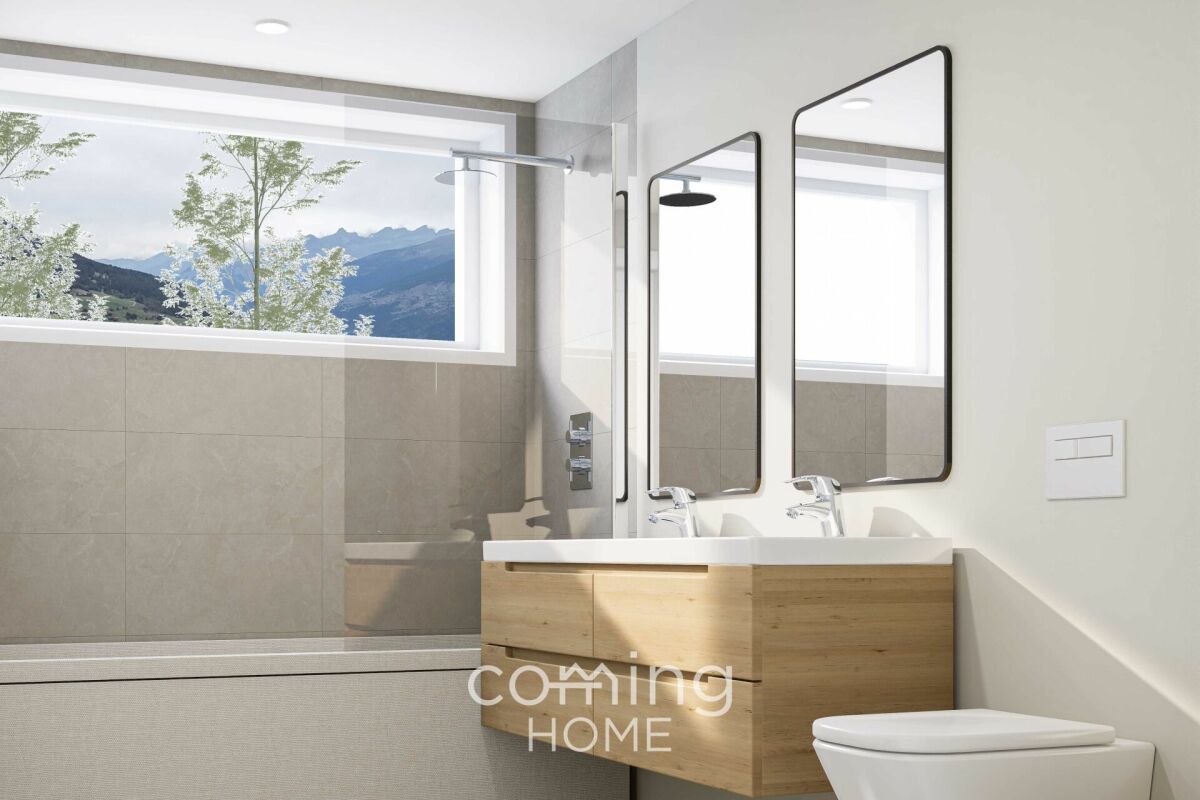Modernes Badezimmer mit Bergblick
