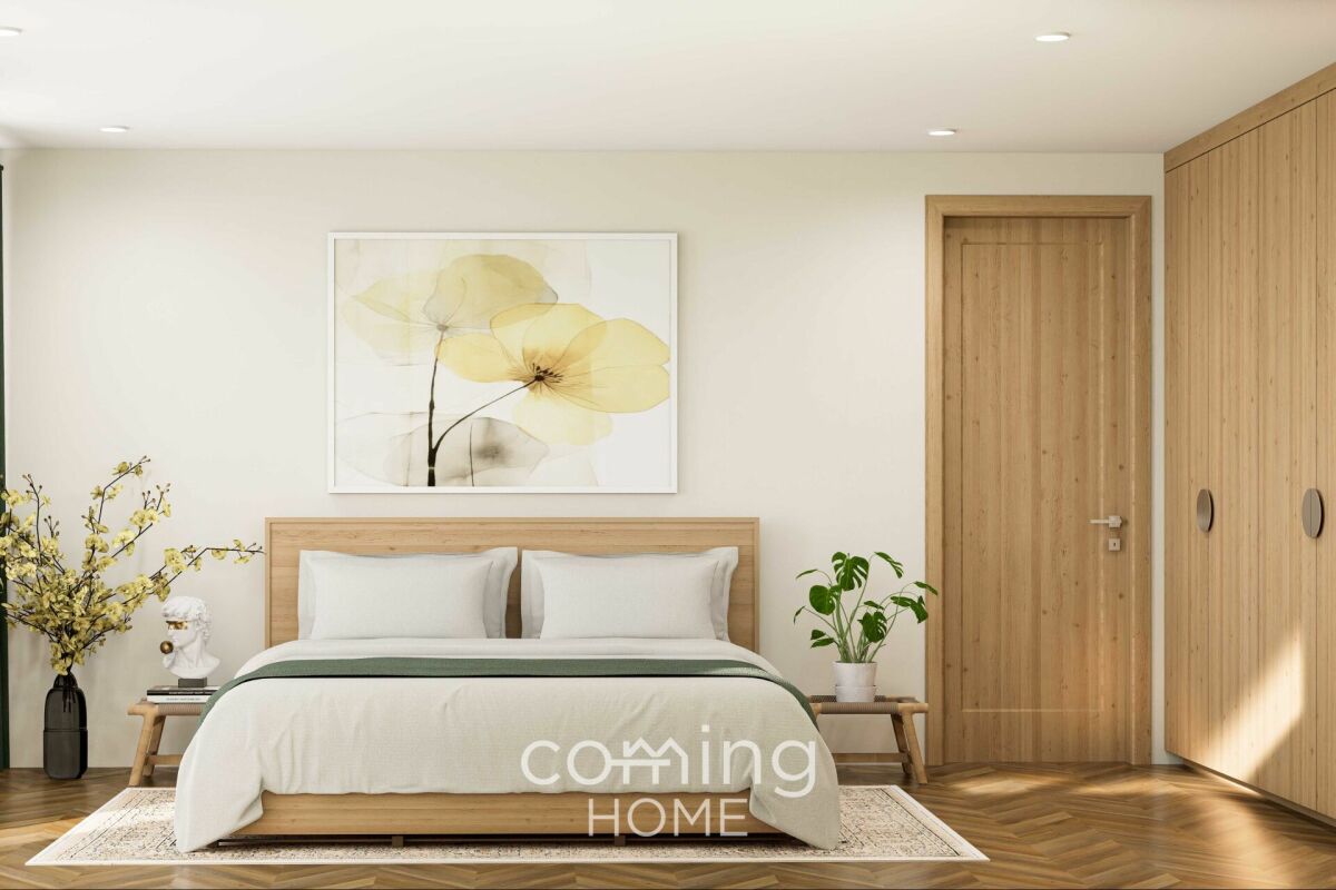 Helles, minimalistisch eingerichtetes Schlafzimmer mit Holzakzenten