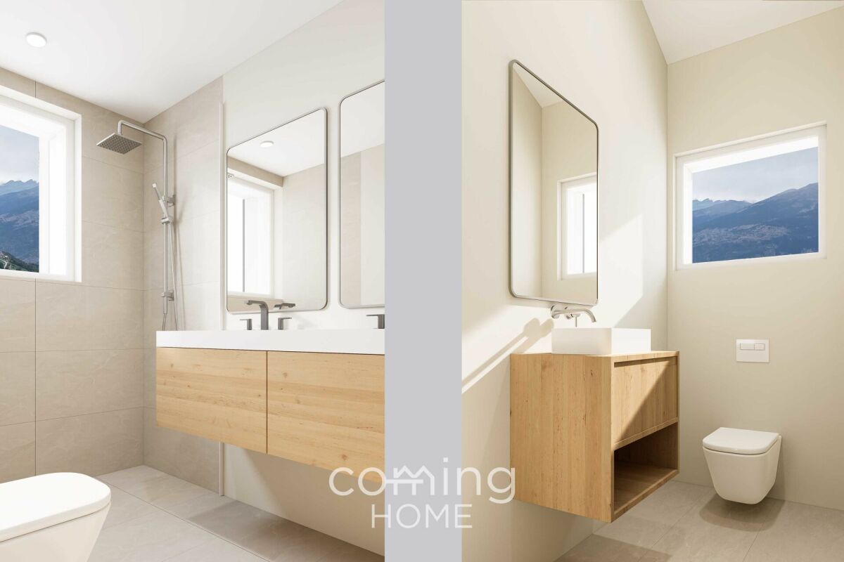 Modernes Badezimmer mit separatem Gäste-WC und Bergblick