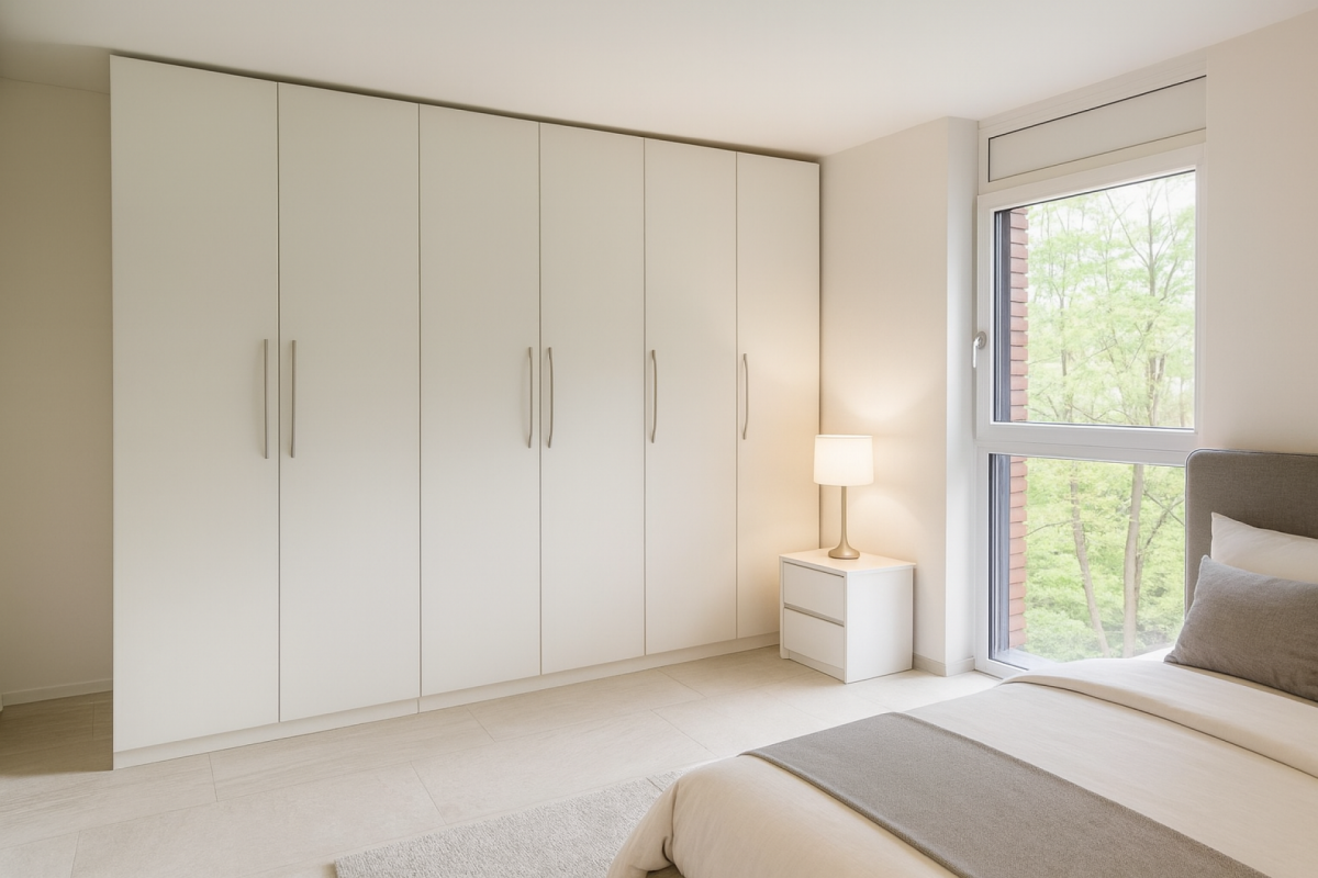 Helles Schlafzimmer mit Einbauschrank und Fensterblick ins Grüne